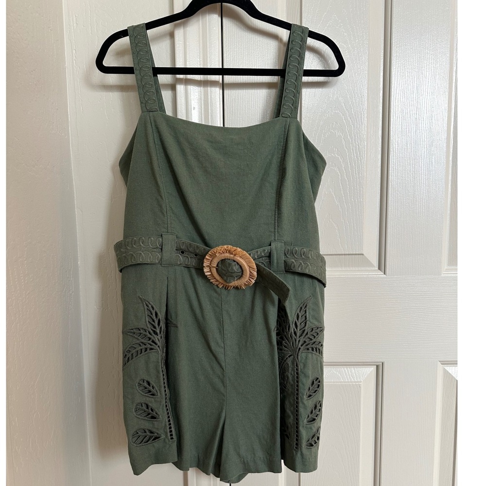 CAROLINE CONSTAS Olive Green Linen Blend Romper‎ Belted Leaf Cutout Size L